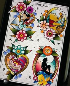 an image of some tattoos on the back of a cell phone case with flowers and mickey mouse