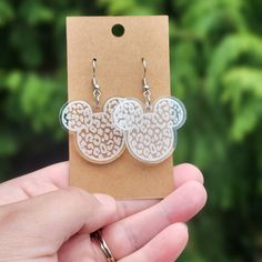 Cute Mickey-Shaped Clear Acrylic Earrings, Featuring An Engraved Leopard Print Pattern. Ear Hooks Are Stainless Steel. Brand New, Never Worn. Cut And Engraved On 1/8" Acrylic. Lightweight And Versatile! Leopard Print Pattern, Handmade Jewelry Earrings, Turtle Earrings, Cz Stud Earrings, Gunmetal Grey, Acrylic Earrings, Earrings Color, Rhinestone Earrings, Silver Earrings Dangle