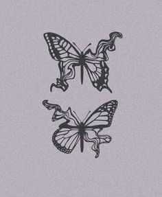 two butterflies flying in the air on a gray background with black and white inking