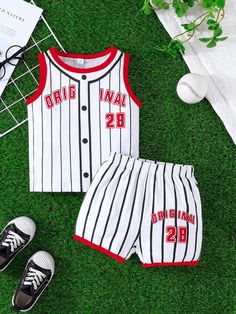 2pcs/Set Young Boys' Summer Striped Sleeveless Top And Shorts Sports Suit Red Casual  Sleeveless Polyester Geometric,Letter  Medium Stretch  Young Boys Clothing, size features are:Bust: ,Length: ,Sleeve Length: Striped Sleeveless Top, Estilo Hip Hop, Summer Stripes, Boys Set, Summer Boy, Sports Suit, Boys Clothing, Sport Shorts, Sleeveless Top