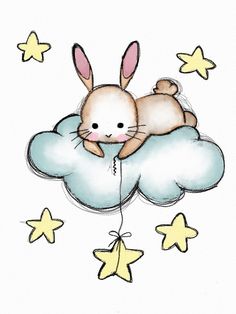 a drawing of a bunny sleeping on top of a cloud with yellow stars around it