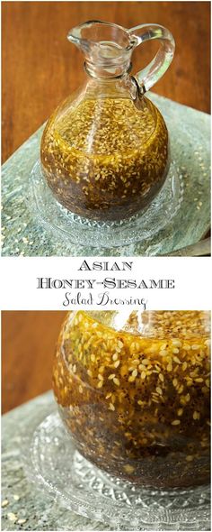 two different pictures of food in a glass jar on a plate with the words honey - sesame salad dressing