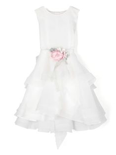 off-white cotton blend tulle overlay floral appliqué round neck sleeveless concealed rear zip fastening tied waist rear bow fastening voluminous skirt Organza Dress With Floral Applique For Dress-up, White Tulle Sleeveless Dress For Dress-up, Sleeveless Tulle Dress For Confirmation, Sleeveless Tulle First Communion Dress, White Sleeveless Tulle Dress For Spring, Fitted Tulle Skirt Dress For Confirmation, Elegant Tulle Princess Dress For Garden Party, Fitted White Sleeveless Tulle Dress, White Sleeveless First Communion Dress For Summer