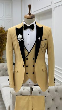 Yellow Tuxedo, Cream Tuxedo, Egypt Wedding, African Male Suits, Peak Lapel Tuxedo, Bow Tie Suit, Tuxedo Colors, Men's Tuxedo, Black Suit Men