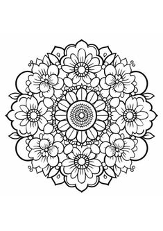 a black and white drawing of flowers in the middle of a circular design on a white background