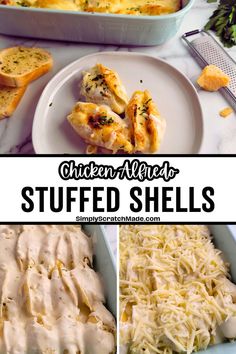 chicken alfredo stuffed shells in a casserole dish with bread and parmesan cheese