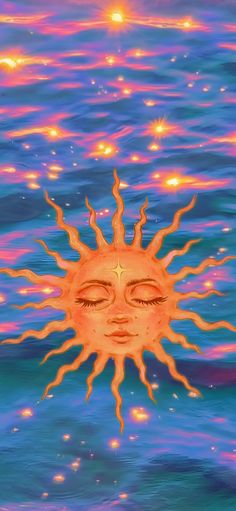 the sun is reflected in the water with its eyes closed and it appears to be floating