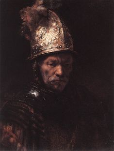 a painting of a man wearing a golden helmet