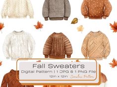 the sweaters are knitted in different colors and sizes, with leaves on them