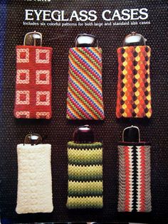 an advertisement for knitted eyeglass cases with four different colors and designs on it