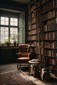 a chair in front of a bookshelf filled with lots of books next to a window