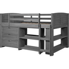 a gray bunk bed with drawers underneath it