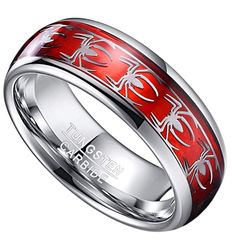 High quality Wedding ring band Ring 8mm for men or women. This beautiful silver tone Tungsten Carbide ring is 8mm in width. Domed ring with red inlay covered with gray / silver spider patterns. Our Tungsten Carbide rings are scratch proof and keep their shine. Tungsten Carbide is ranked second hardest next to diamond on the Mohs scale, diamond being a 10 followed by Tungsten Carbide as 9. Mens Tungsten Carbide Wedding ring bands Spiders - Silver and Red. Hypoallergenic. Tungsten carbide is high Mens Wedding Rings Firefighter, Mens Red Wedding Rings, Mens Promise Rings Red, Marvel Inspired Wedding Rings, Mens Promise Ring Red, Spiderman Wedding Ring, Spider Man Wedding Theme, Spider Man Ring, Spiderman Wedding