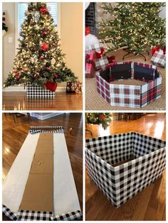 four different pictures of christmas trees and boxes with plaid designs on them, one has a tree in the middle