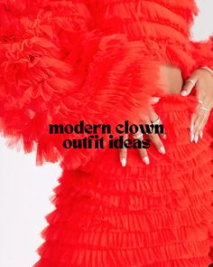 a woman in a red dress with the words modern clown outfit ideas written on it