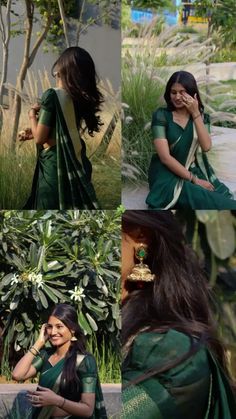 woman in green sari sitting on the ground talking on her cell phone and smiling