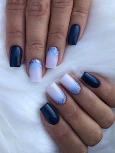 dark blue and milky white gradient nails Dark Blue Nail Designs, White Sparkle Nails, Dark Blue Nail, Blue Prom Nails, Blue And White Nails, Bridesmaids Nails, Blue Gel Nails, Dark Blue Nails, Navy Nails