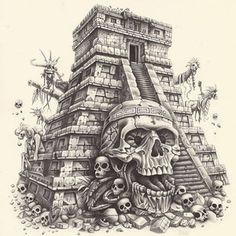 a drawing of a pyramid with skulls and bones on it's face, surrounded by other objects