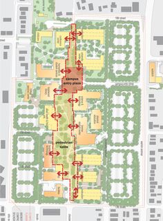 a map shows the location of several different buildings and streets, with red arrows pointing in opposite directions