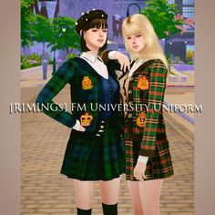 two young women dressed in tartan outfits posing for the camera