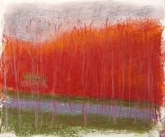 an abstract painting with trees and grass in the foreground