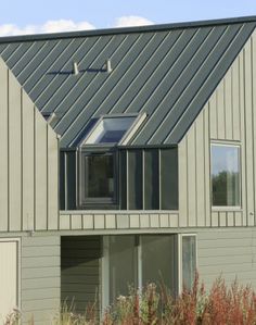 a house with a metal roof and two windows on the top floor, surrounded by tall grass