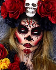 Skull Makeup Ideas, Candy Skull Makeup, Catrina Costume, Makeup Ideas For Halloween, Halloween Makeup Sugar Skull, Sugar Skull Costume, Box Of Crayons, Sugar Skull Halloween, Cute Halloween Makeup