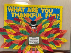 a bulletin board with a turkey on it that says, what are you thank for?