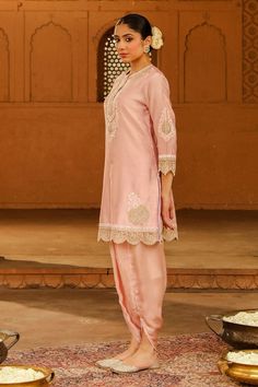 Blush pink kurta with placement kashmiri tilla and parsi gara embroidery, highlighted with basra moti. Paired with a dhoti pant. - Aza Fashions Pink Raw Silk Salwar Kameez With Intricate Embroidery, Designer Pink Churidar With Intricate Embroidery, Pink Resham Embroidery Palazzo Set In Raw Silk, Pink Raw Silk Palazzo Set For Eid, Pink Embroidered Raw Silk Sets, Pink Raw Silk Palazzo Set With Straight Kurta, Pink Raw Silk Palazzo Set For Navratri, Transitional Pink Sharara With Intricate Embroidery, Pink Raw Silk Kurta With Dabka Work