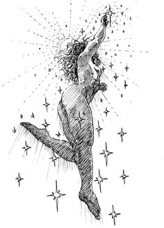 a black and white drawing of a woman flying through the air with stars around her