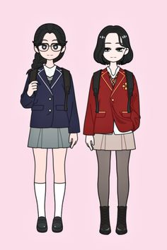 two girls in school uniforms standing next to each other on a pink background with the words,