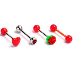 Product DetailsRed Gem Rose Heart Barbell Tongue Ring Set of 4 Let your tongue piercing reflect your every mood with this set of 14 gauge tongue rings. Three are made with 5/8 inch 316L surgical grade stainless steel straight barbells. One features a 5mm top ball end that is set with a red gem. The second one features a 6mm red bottom ball end and a red heart top end for a whimsical appearance. The third one features a red bottom ball end and a multidimensional red rose charm top end. The fourth Cute Tongue Rings, Ur Logo, Pretty Piercings, Tongue Piercing Jewelry, Cheetah Print Wallpaper, Tongue Ring, Rose Heart, Tongue Piercing, Tongue Rings