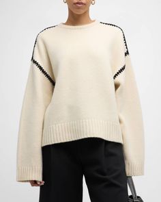 Toteme Cashmere-Blend Knit Sweater with Embroidered Detail Expensive Wardrobe, Minimal Sweater, Womens Knitwear, Stitch Sweater, Knit Ideas, Buy Sweaters, Embroidered Wool, Future Outfit, Woman's Fashion