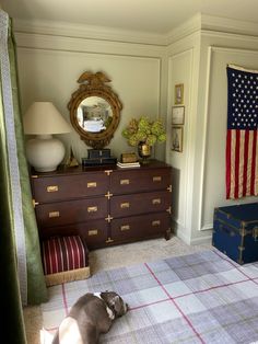 a dog laying on the floor in front of a dresser with an american flag hanging above it