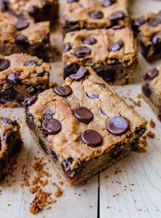 chocolate chip cookie bars cut into squares on a cutting board