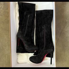 Over The Knee Suede Boots Worn Once Please Let Me Know If You Would Like More Photos Original Box And Extra Heel Bottom Included. Box Bag, Thigh High Boots, Louboutin Shoes, Suede Boots, Christian Louboutin Shoes, Shoes Heels Boots, Over The Knee Boots, Thigh Highs, Over The Knee