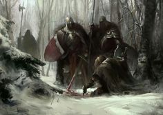 some knights are in the snow near trees