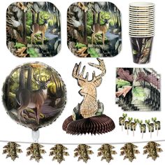 an assortment of party supplies including paper plates, napkins and cups with deer images on them