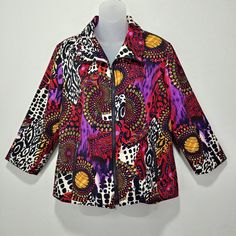 Erin London Full Zipper Bomber Style Jacket Size Medium Fun Colorful Print Pre-owned in very good condition Please compare the measurement to your favorite garments to ensure fit Approximate measurements taken with garment laying flat Armpit to armpit 21" Waist 20" Shoulder to hem 23" Sleeve Length 16" Bright and beautiful colors. Perfect for Spring/Summer. Soft and comfy with a good stretch to it. Drawstring collar Zippered pockets Good stretch 97% polyester 3% spandex Lining 100% Polyester Com Retro Spring Outerwear With Zipper Closure, Casual Multicolor Outerwear With Zipper, Casual Multicolor Outerwear With Zipper Closure, Multicolor Long Sleeve Outerwear With Zipper Closure, Patterned Button-up Top With Vibrant Print, Luxury Multicolor Graphic Print Outerwear, Multicolor Vibrant Print Button-up Top, Multicolor Vibrant Print Button-up Shirt, Summer Soft