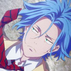 an anime character with blue hair and green eyes