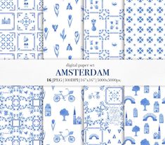 blue and white seamless patterns with the words amsterdam