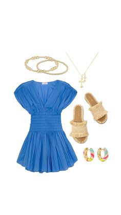 a blue dress, sandals and necklace on a white background