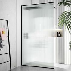 a bathroom with a shower, towel rack and potted plant