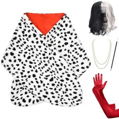 PRICES MAY VARY. 6Pcs Halloween costumes for women include: one black and white wig, one dalmatian shawl, one wig cap, one red gloves , one long holder and fashion faux pearls necklace. what you see is what you get. Dalmatian shawl scarf is well made is not "costume" material, and it is very soft comfortabl and fit great! The costume wig and dalmatian shawl are greate halloween outfit for women, with the set you will transform into the leading role. Attention - This costume set is an adult stand Black And White Wig, Halloween Costume Women, Dalmatian Costume, Cruella Costume, White Wig, White Shawl, Red Gloves, Costume Set, Costume Women