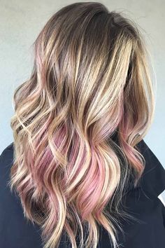 One Pink Highlight In Hair, Light Pink Lowlights In Blonde Hair, Subtle Colorful Hair Blonde, Brown Hair With Blonde And Pink, Peekaboo Pastel Hair, Ribbon Highlights Blondes, Pink And Blonde Balayage, Blonde Highlights With Pink Peekaboo, Pink Blonde Brown Hair