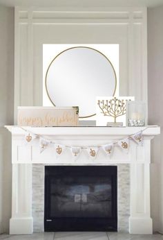 a fireplace mantel decorated with gold and white decorations