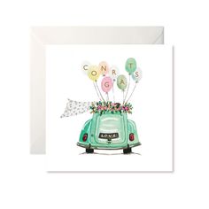 a green car with balloons and confetti in the back on a white background