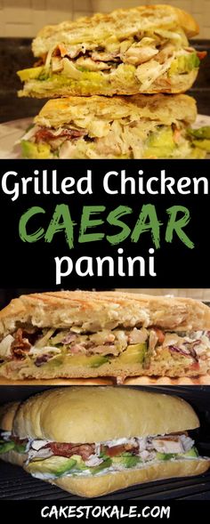 grilled chicken caesar panini with text overlay that reads grilled chicken caesar panini