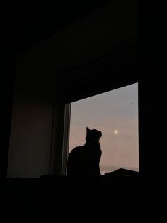 a cat sitting in the window sill looking out at the sky and setting sun