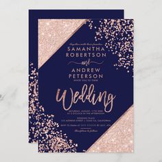 a wedding card with gold glitter and navy blue